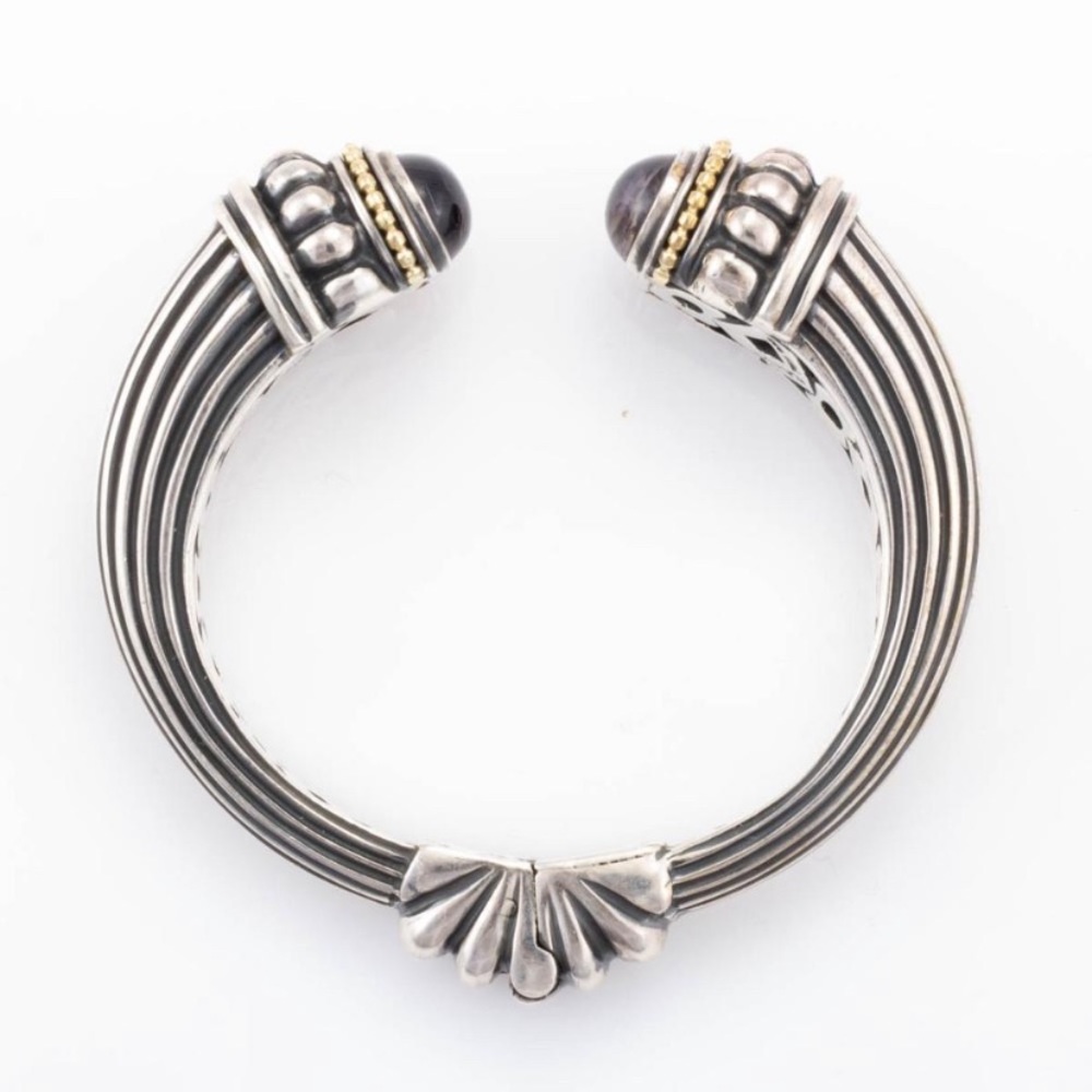 Lagos RARE blue iolite Caviar heavy silver/18k gold hinged cuff bracelet - Picture 3 of 10